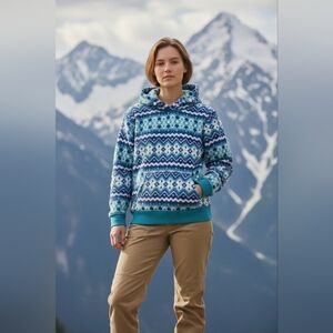 Lands End Spa Blue Che Fai Patterned Kids Hoodie Pockets NWT Size XS